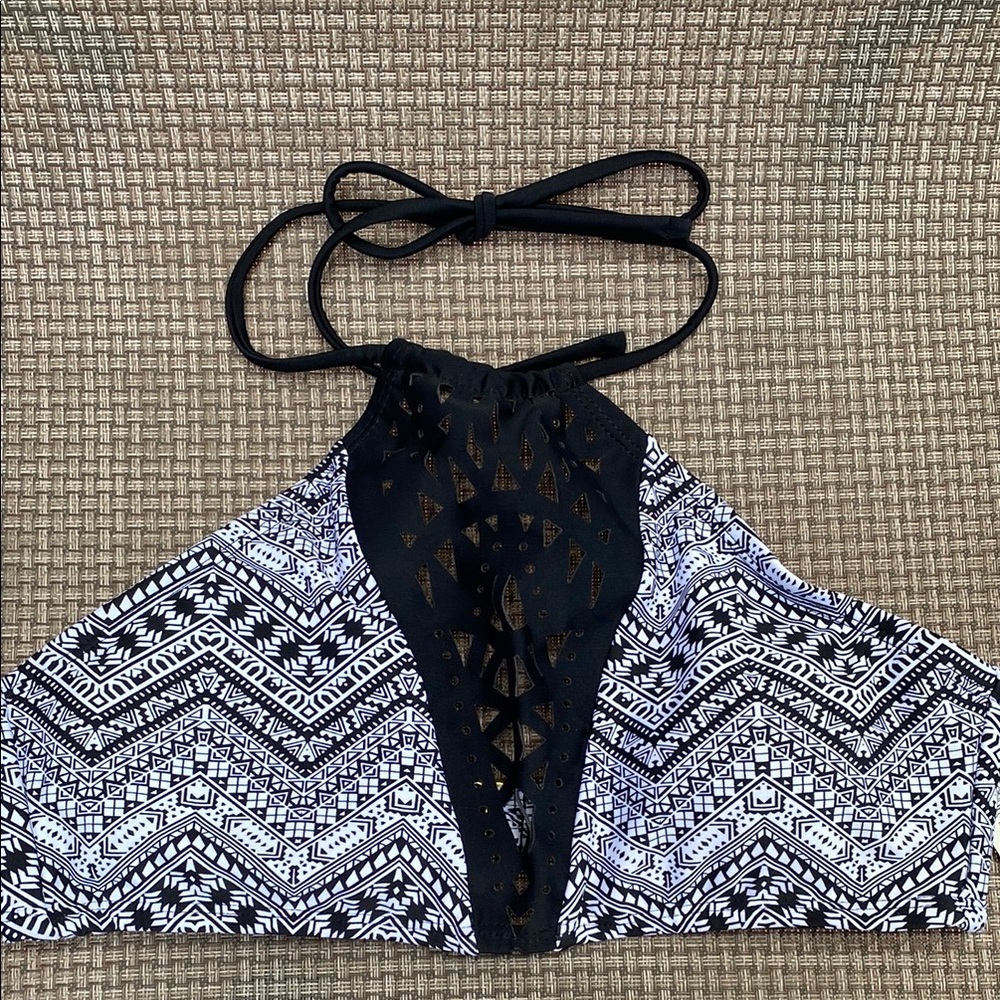 Black and White Patterned Women's Bikini Top With Faux Leather Insert
